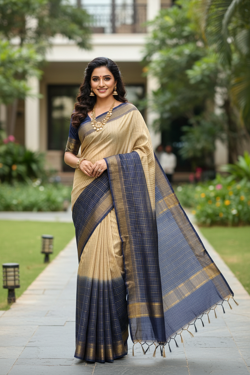 Tussar Navy Saree Pose 4