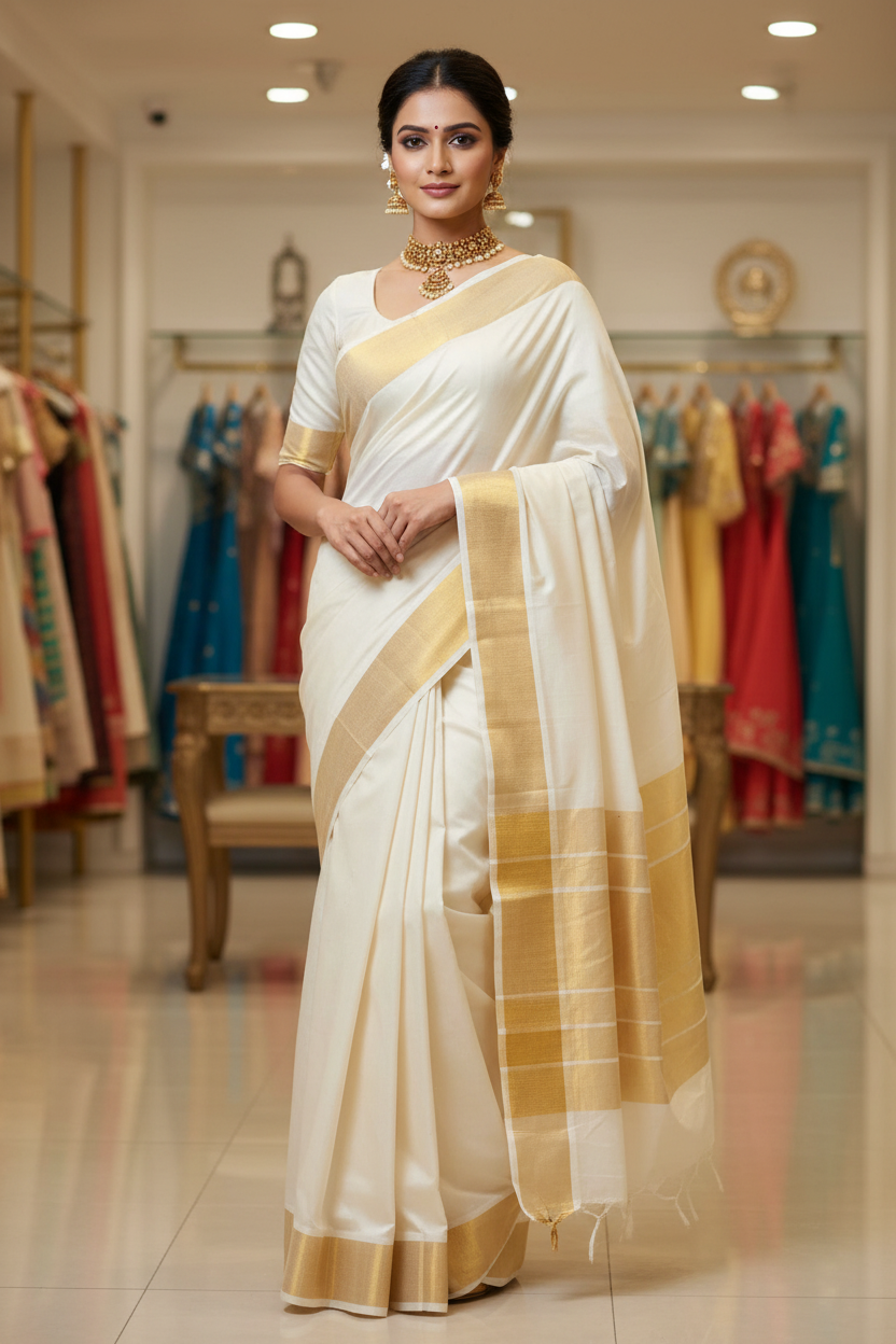 White Kerala Silk Saree Fashion Model
