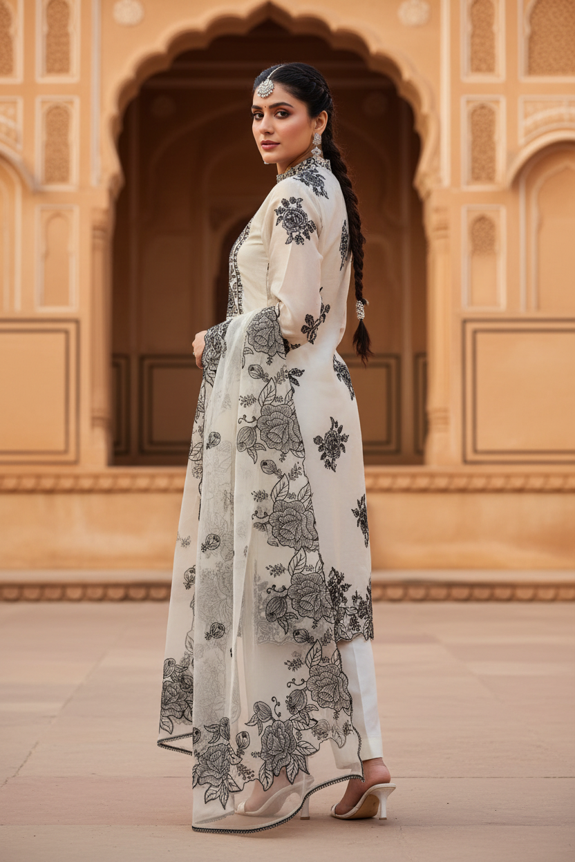Pearl Blossom | Ivory & Black Floral Embroidered Organza Kurti Set | 3-Piece Ethnic Wear