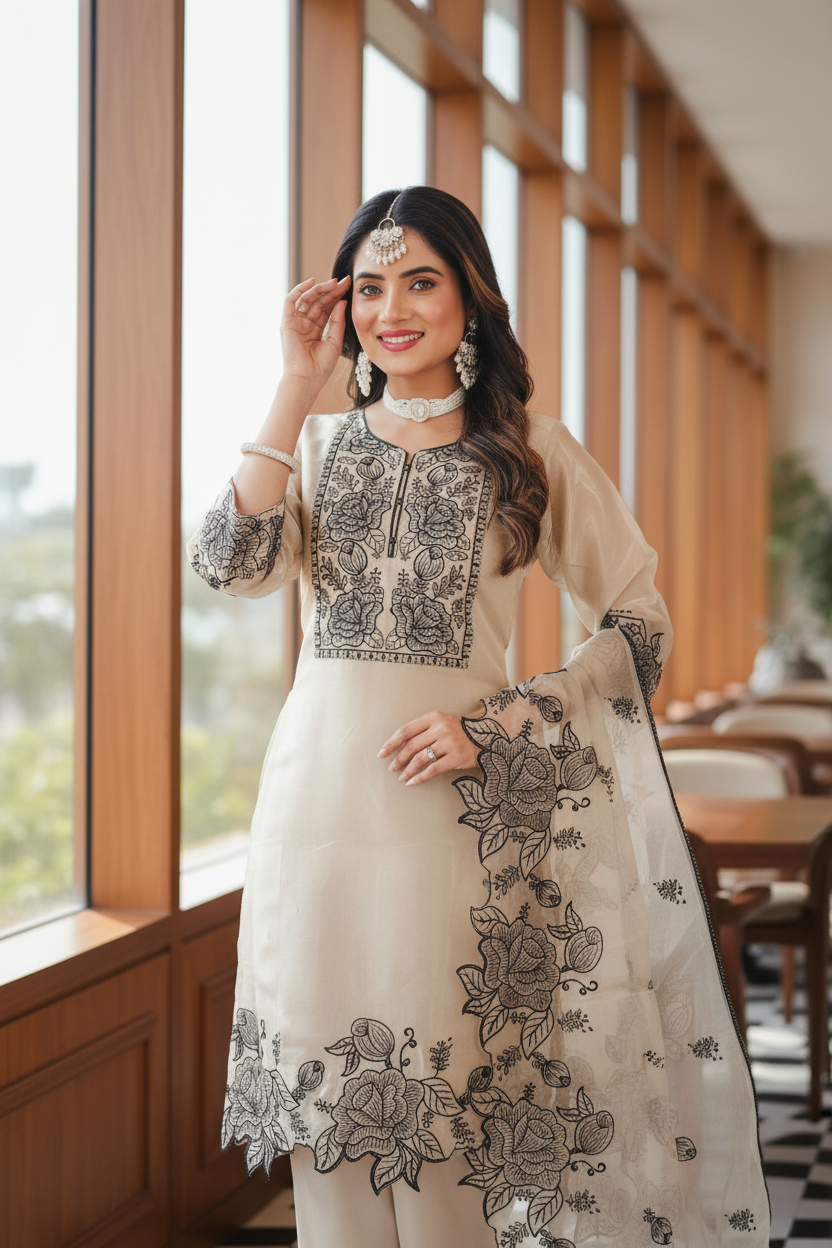 Pearl Blossom | Ivory & Black Floral Embroidered Organza Kurti Set | 3-Piece Ethnic Wear