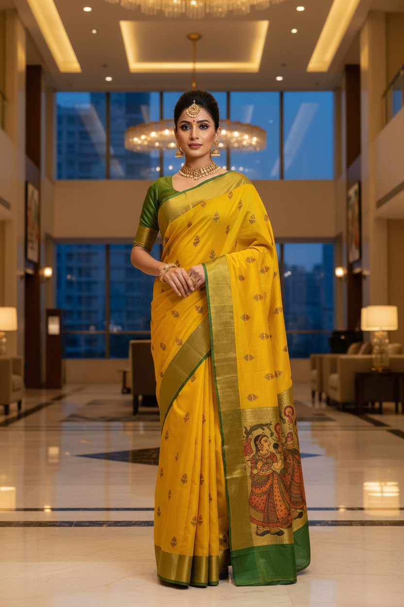 Yellow Kalamkari Saree - Pose 5
