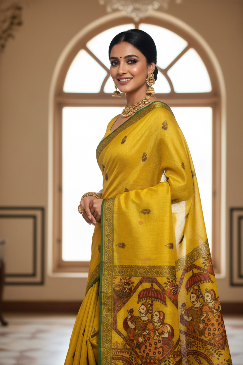 Yellow Kalamkari Saree - Pose 6