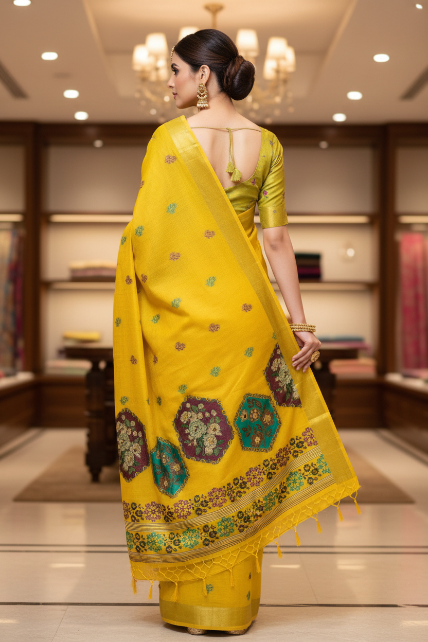 Yellow Tussar Saree - Back View