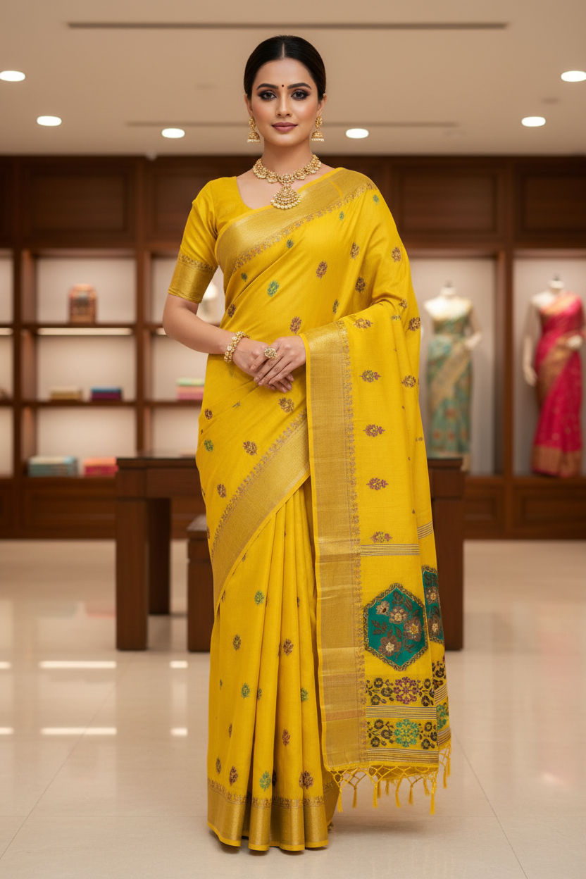 Yellow Tussar Saree - Front View