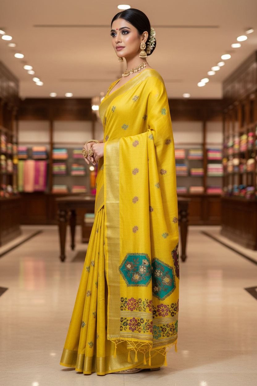 Yellow Tussar Saree - Side View