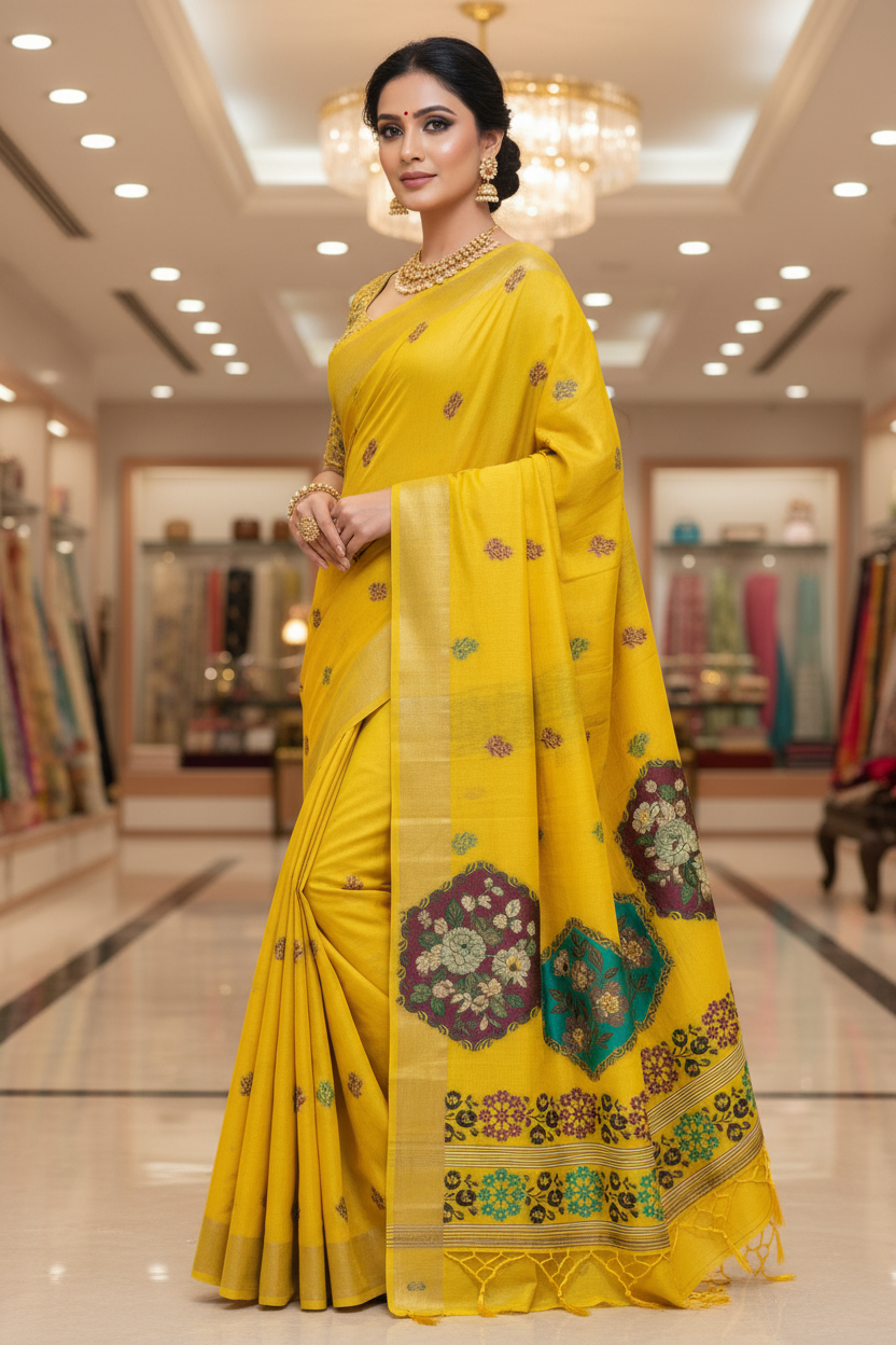 Yellow Tussar Saree - Three Quarter View